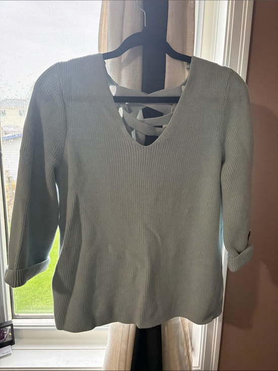 Reitmans Sweaters - Reitmans Light Sage Green V-Neck Sweater with Back Strap Detail